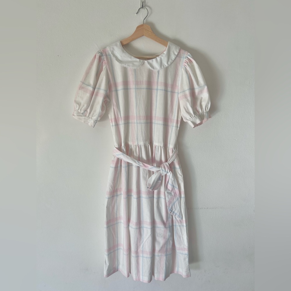 Lanz Vintage 70s White Short Puff Sleeve Peter Pan Collar Midi Dress - Picture 2 of 12